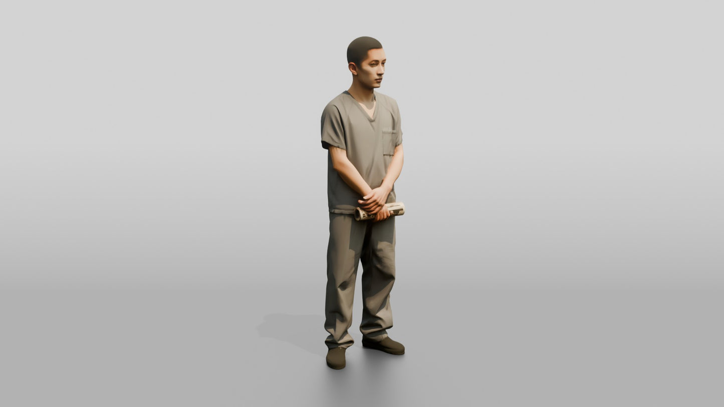 East Asian Male Prisoner in a Grey Scrub Uniform