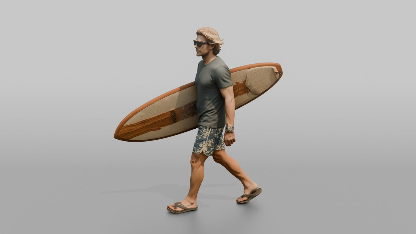 Distinguished Surfer Carrying a Wooden Surfboard