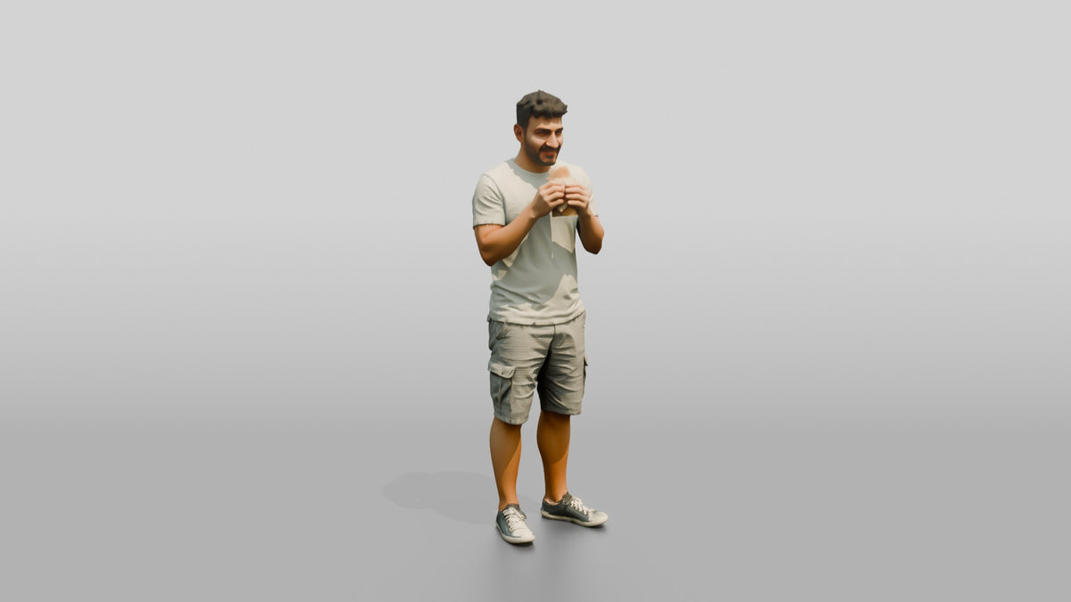 Stocky Young Turkish Man Eating a Pastry - 3D character model, view 1