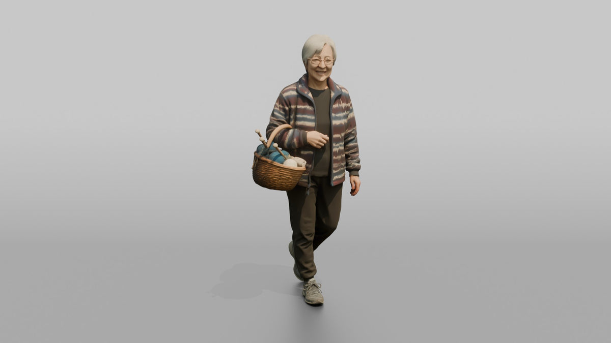 Grandmother Carrying A Basket Of Yarn And Knitting Needles - 3D character model