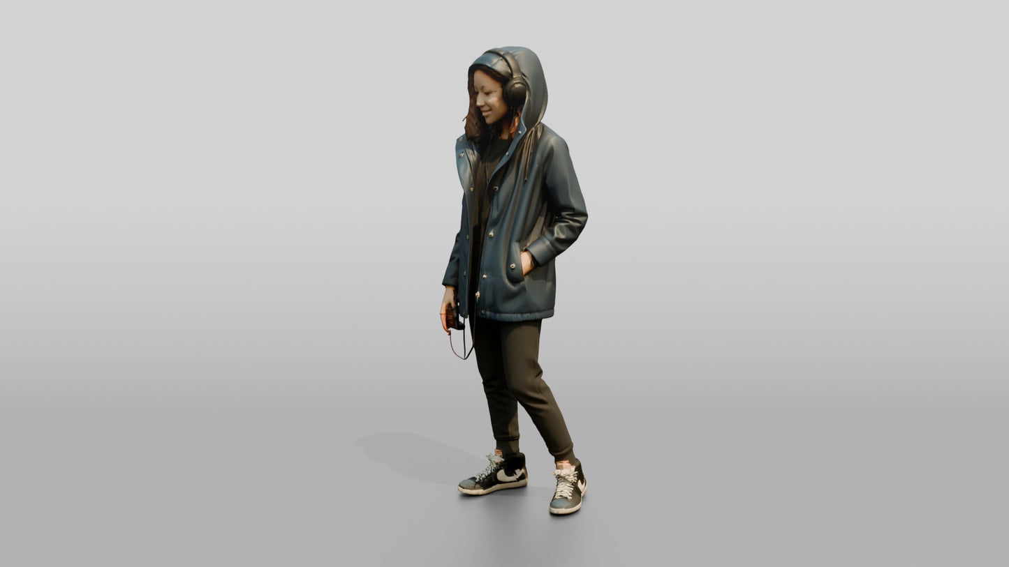 Teen Girl in Denim Rain Jacket with Headphones