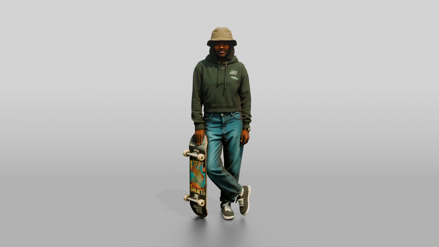 Skater Woman in Bucket Hat with Skateboard
