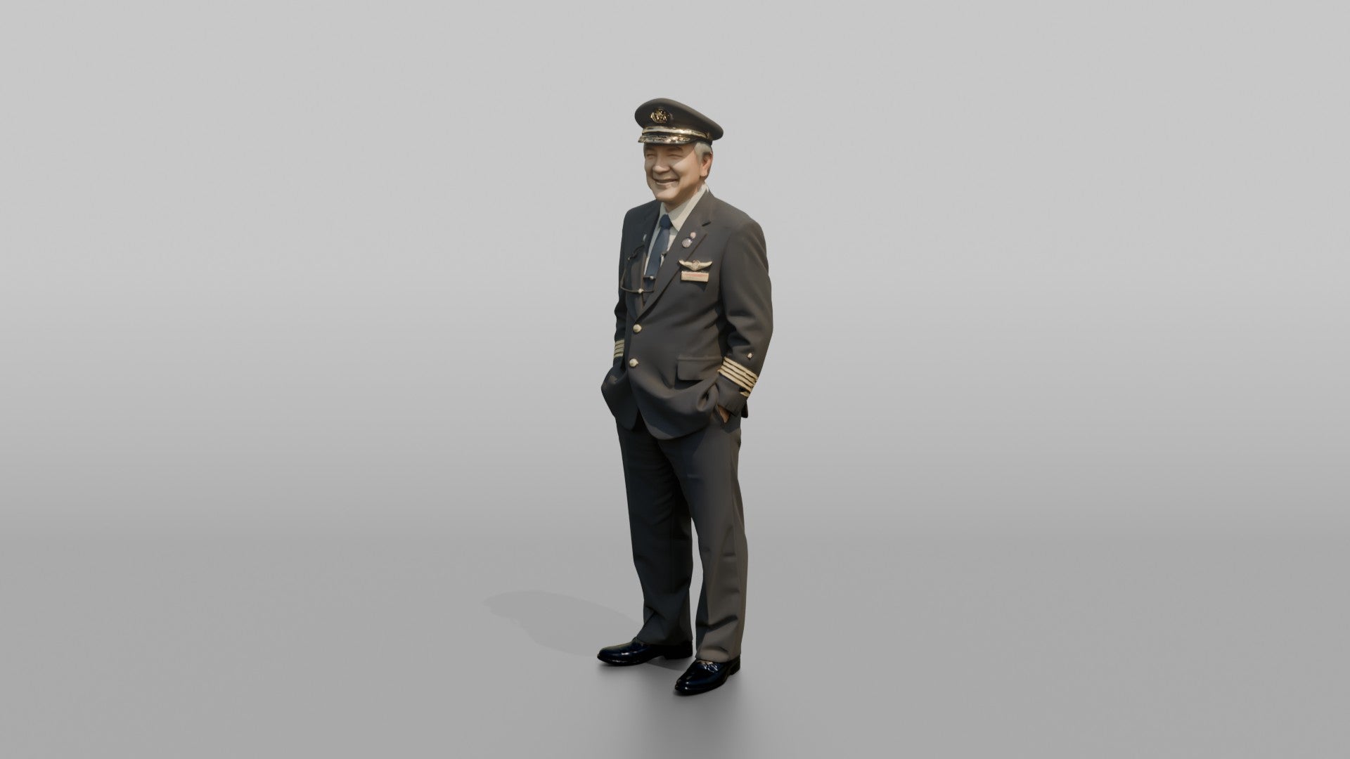East Asian Airline Captain Smiling with Glasses in Hand