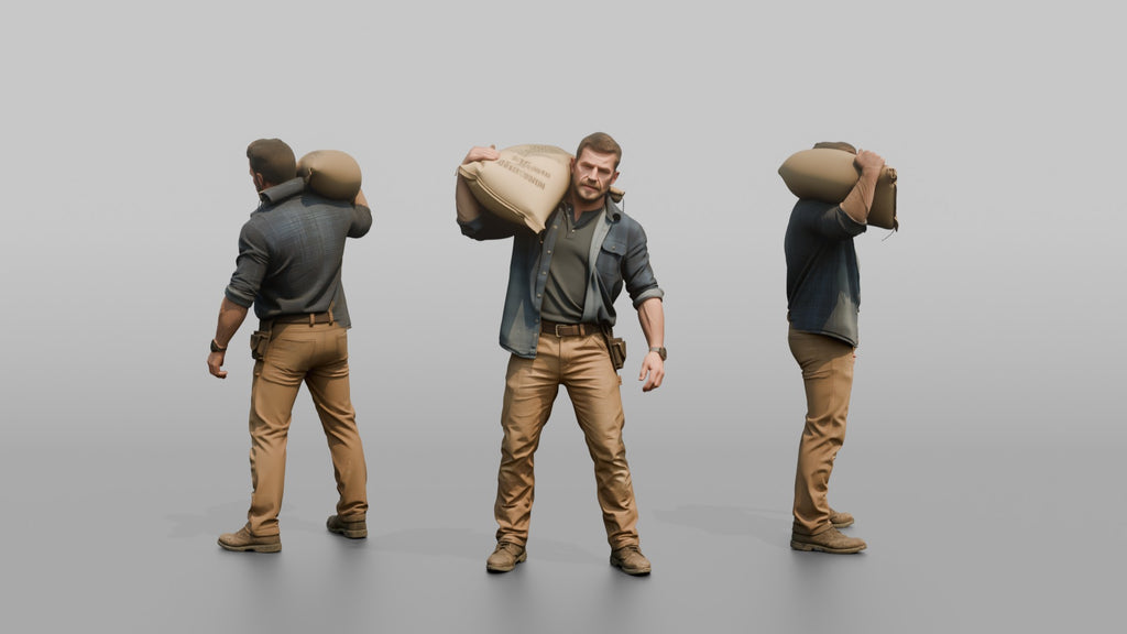 Farmer Slinging Grain Sack Over Back