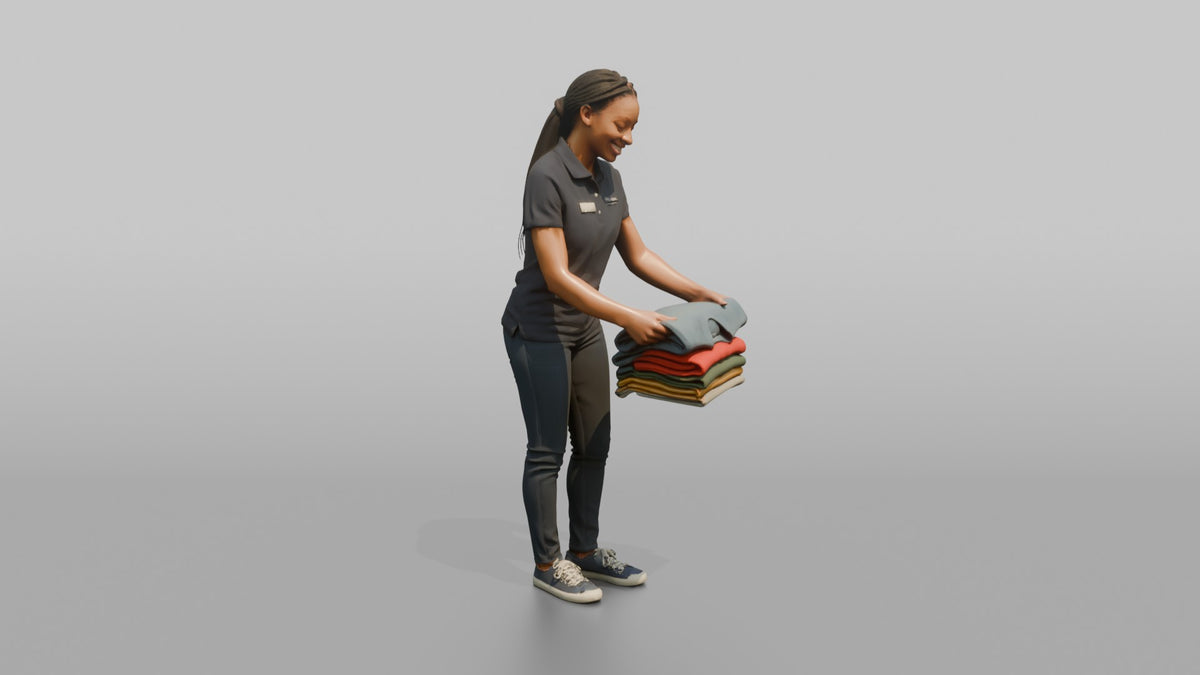 Woman Sales Associate Folding A Stack Of Sweaters - 3D character model