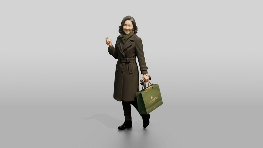 Woman in Double-Breasted Coat with Shopping Bag