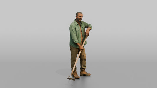 Father Holding A Garden Rake, Leaning On It Slightly - 3D character model