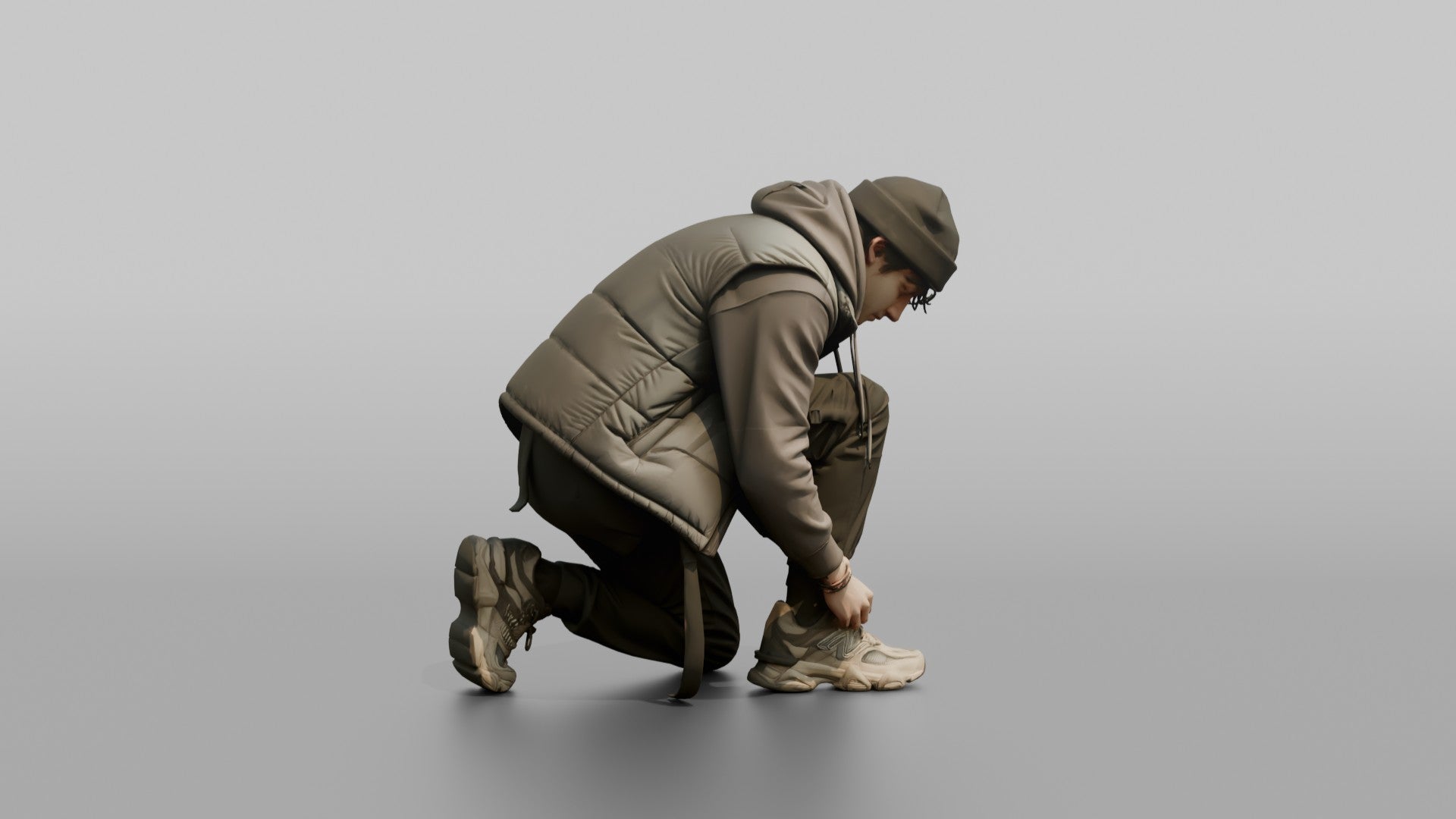 Man Crouching to Tie His Sneaker Laces