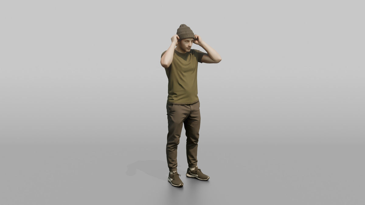 Man Customer Trying On A Beanie Hat - 3D character model