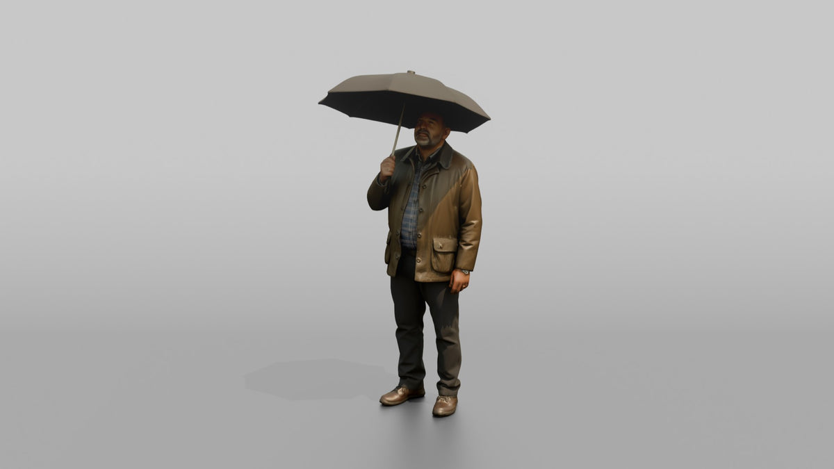 Father Holding An Umbrella Overhead, Looking Up At The Sky - 3D character model, view 5