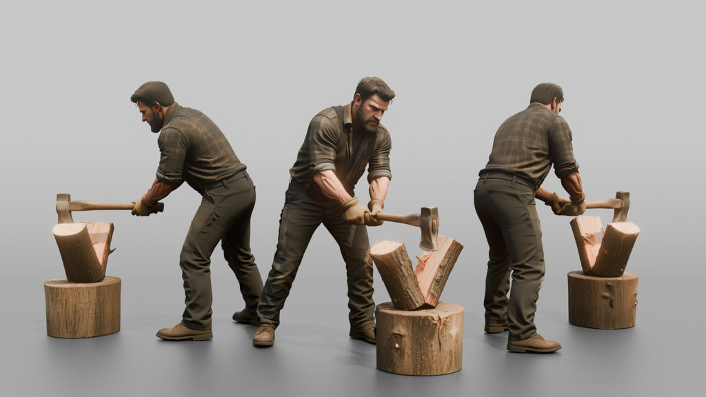 Farmer Swinging Heavy Splitting Maul Into Firewood