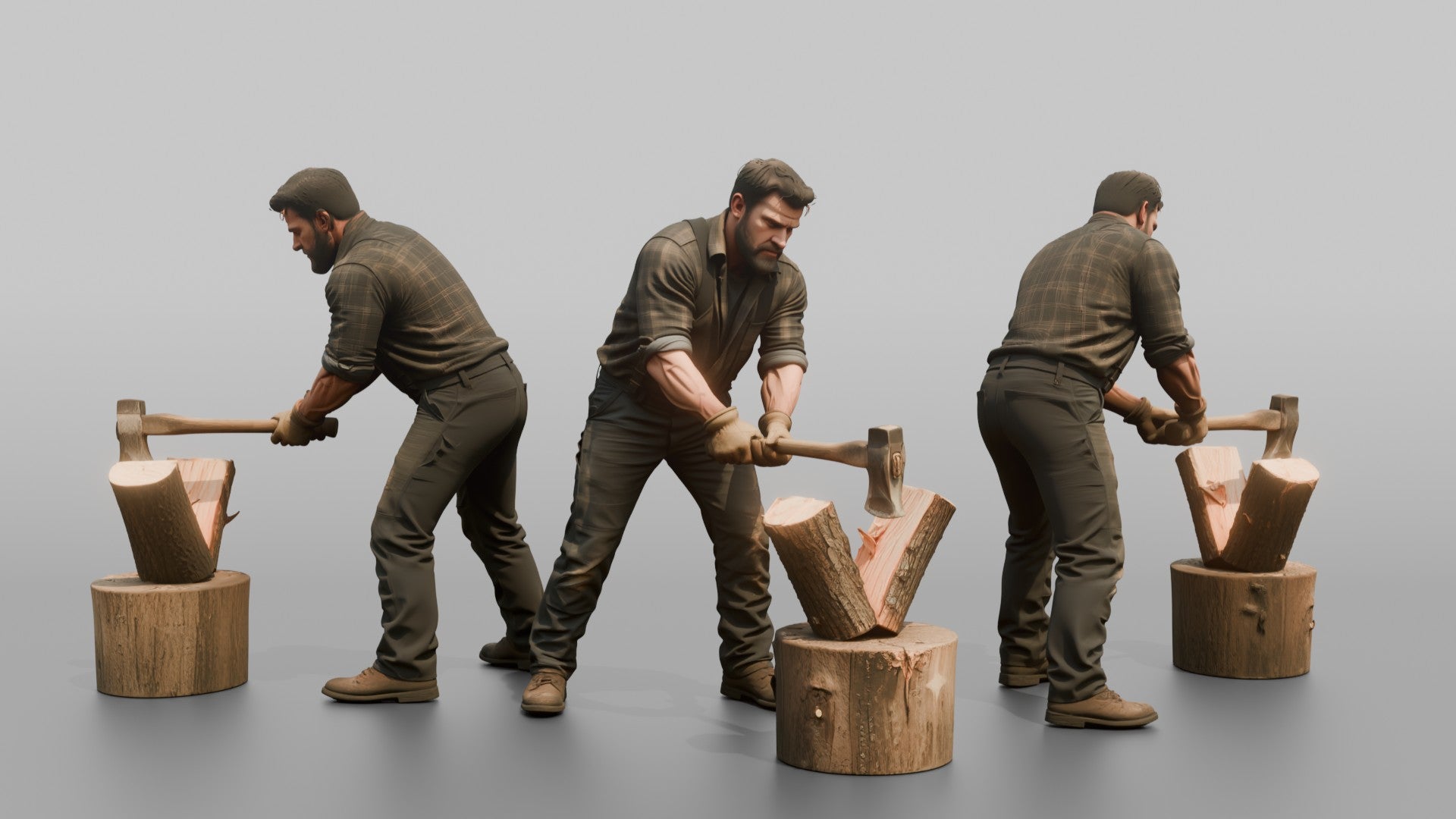 Farmer Swinging Heavy Splitting Maul Into Firewood