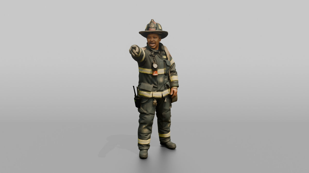 Firefighter Woman Pointing Urgently Off-camera While Calling Out Instructions - 3D character model, view 1