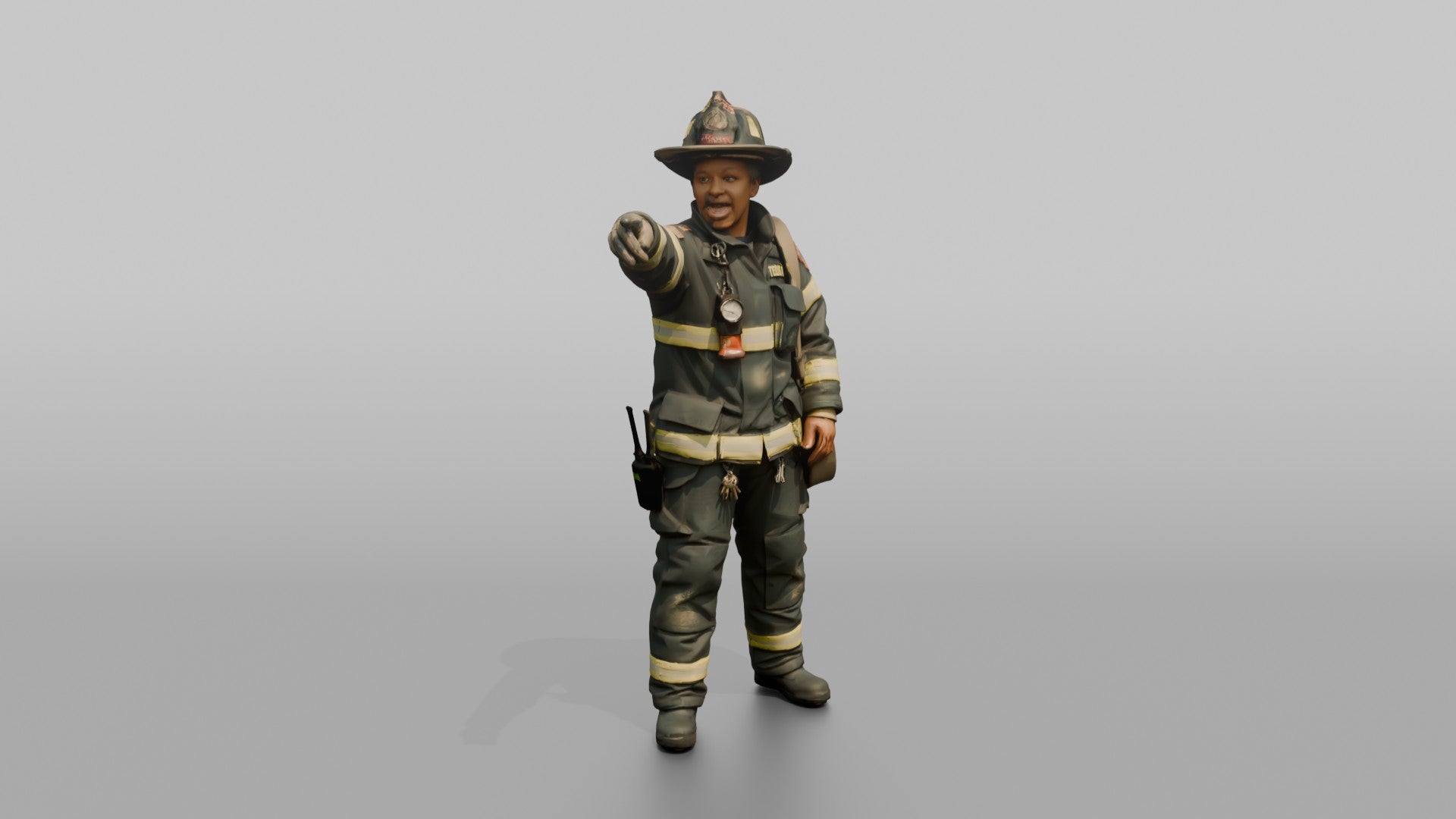 Firefighter Woman Pointing Urgently Off-camera While Calling Out Instructions