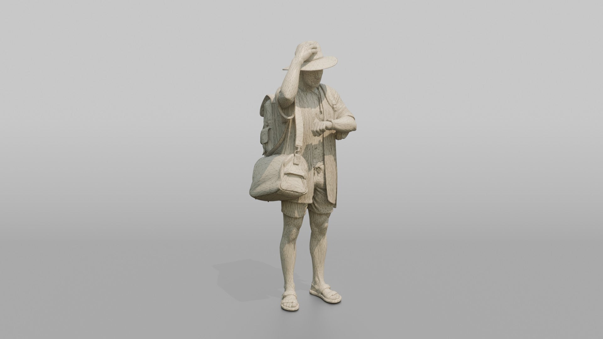 Traveler Adjusting His Sun Hat