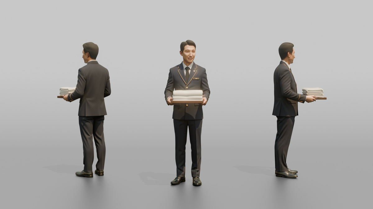 Bellhop Woman Carrying A Tray With Folded Towels - 3D character model, view 1
