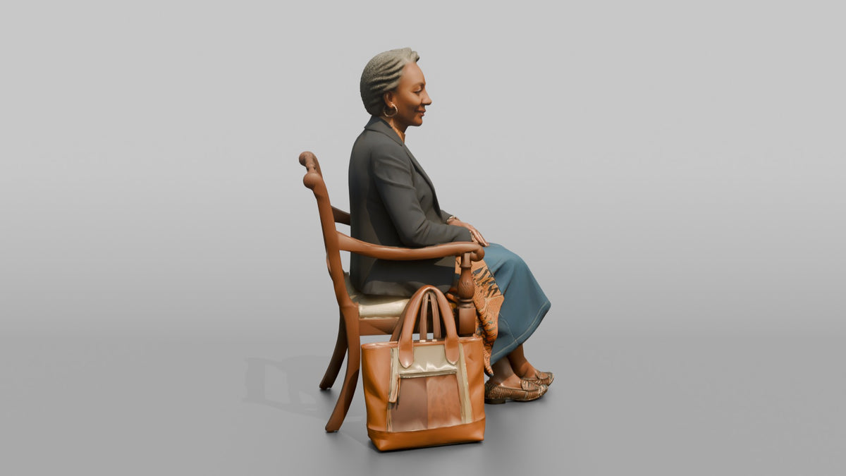 African Senior Woman Seated with Leather Tote Bag - 3D character model, view 2