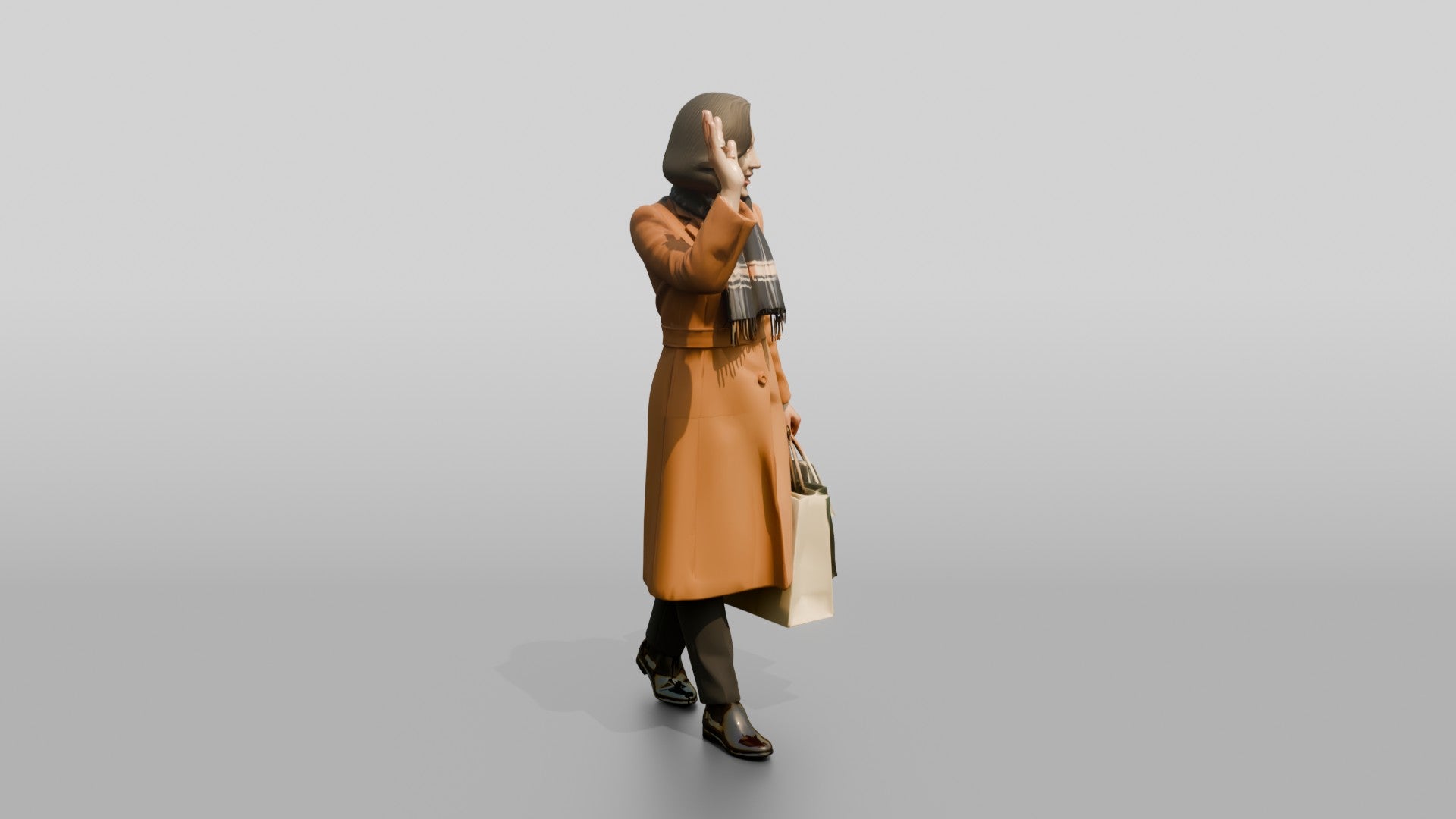 Woman Waving in Camel Wool Coat
