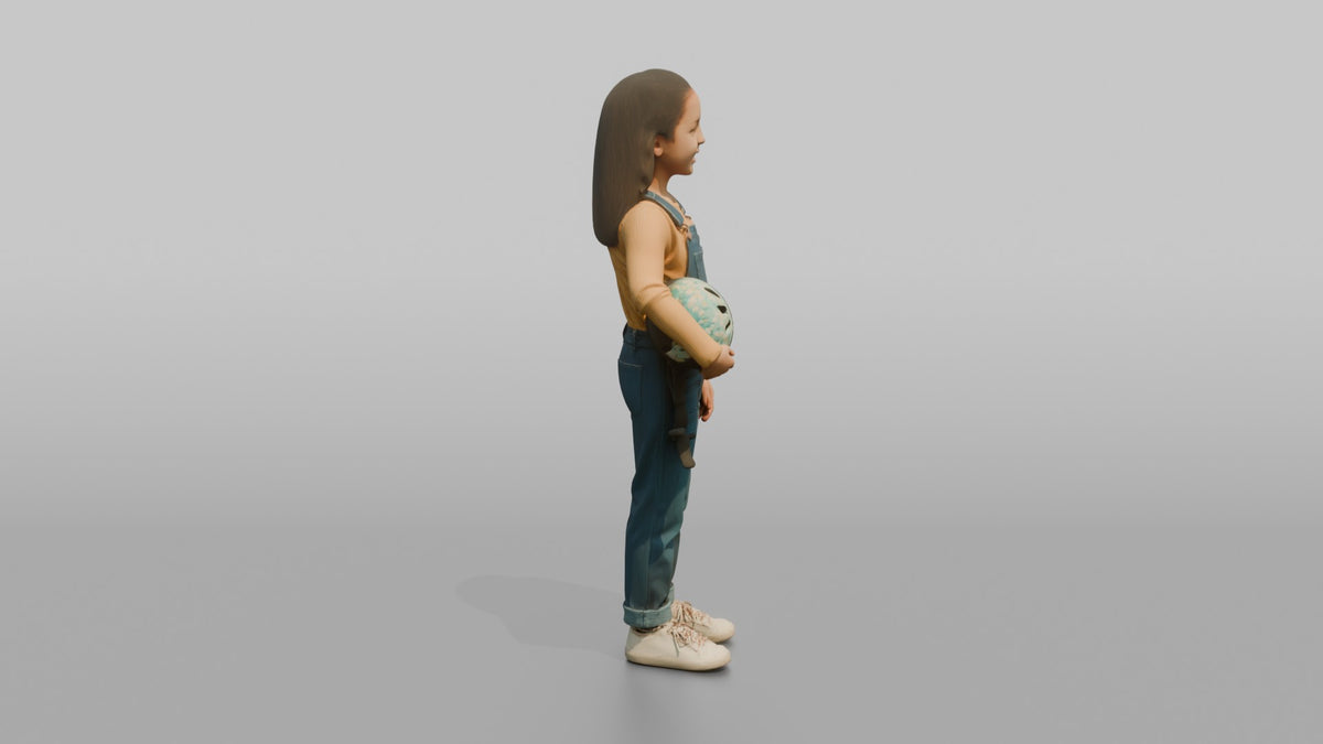 Daughter Carrying A Small Bicycle Helmet Under One Arm - 3D character model, view 2