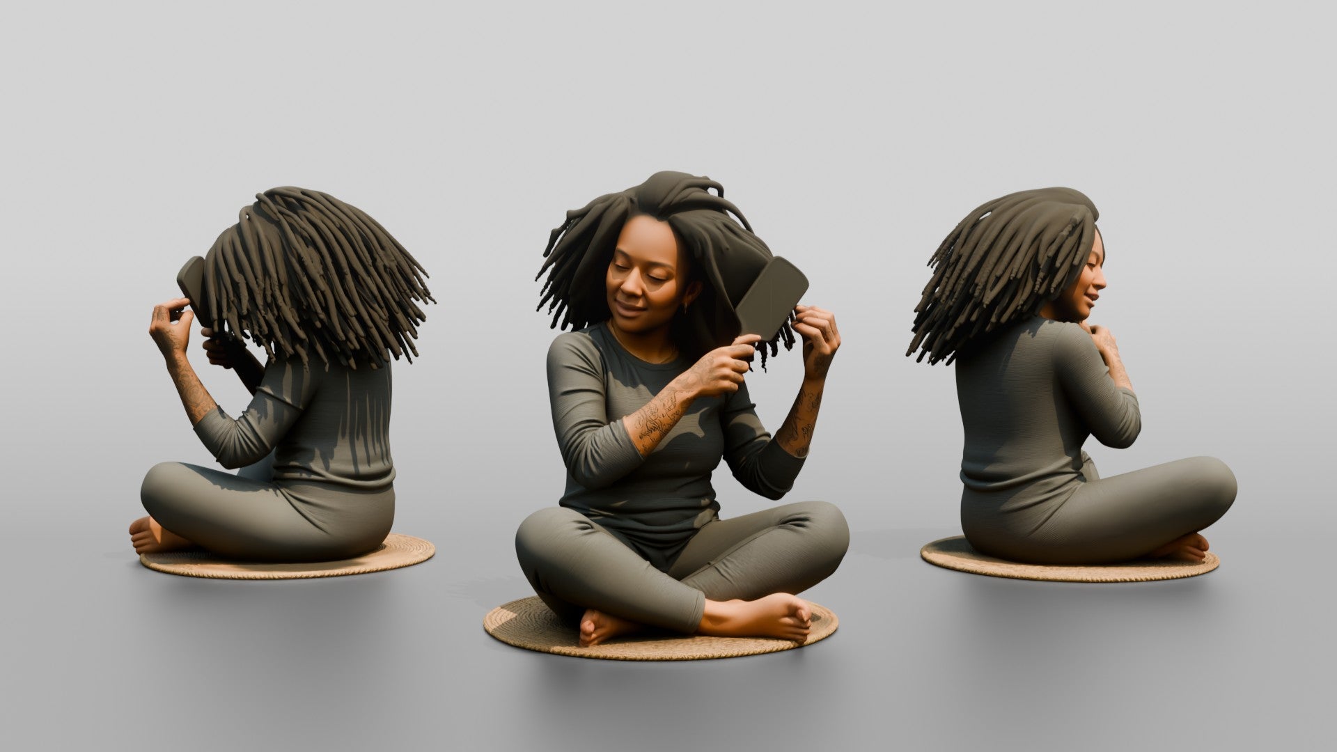 Homeless Woman Sitting Cross-legged While Brushing Out Her Hair