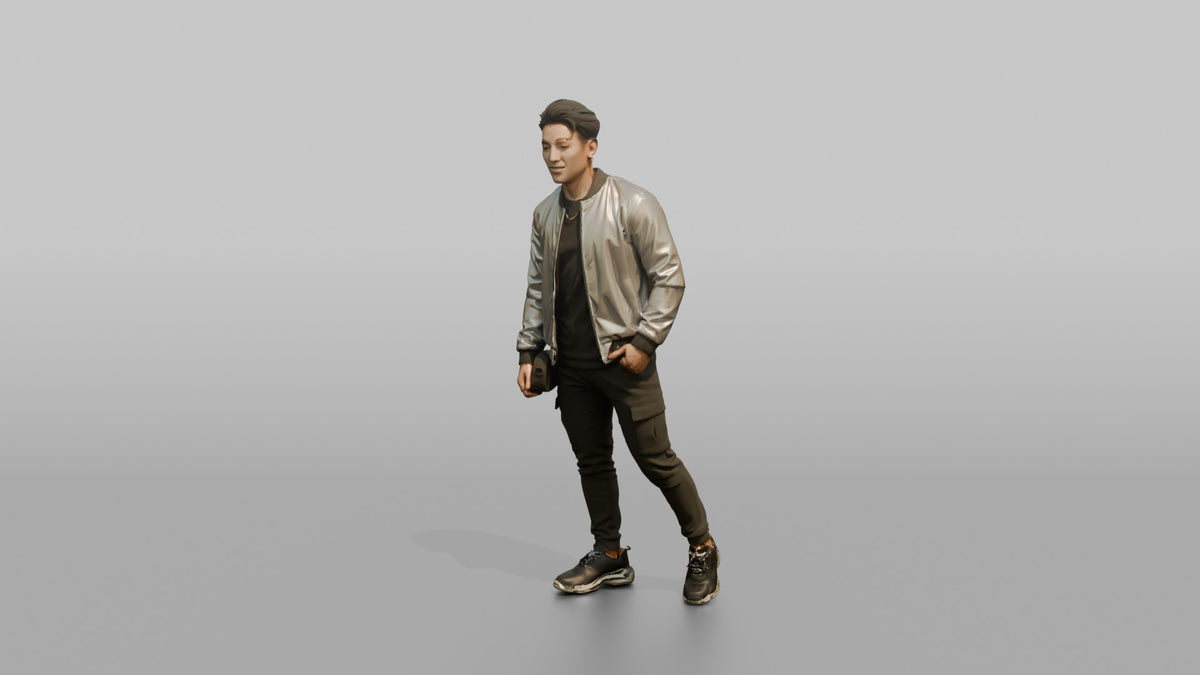 Patron Man Striking A Confident Pose In A Colorful Holographic Jacket - 3D character model, view 4