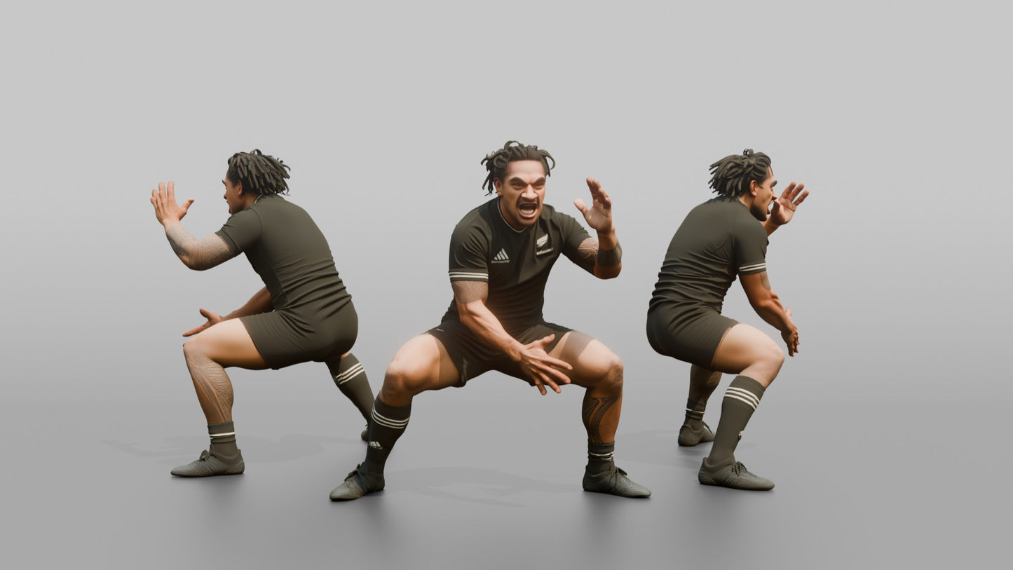 Polynesian Player in a Low Crouch Haka Movement