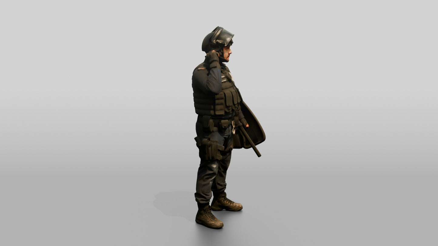 Riot Police Officer Adjusting Helmet