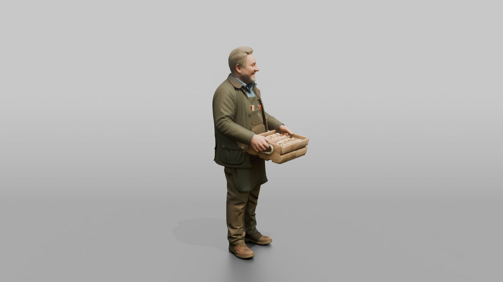 Farmer Holding Hand Built Wooden Egg Crate