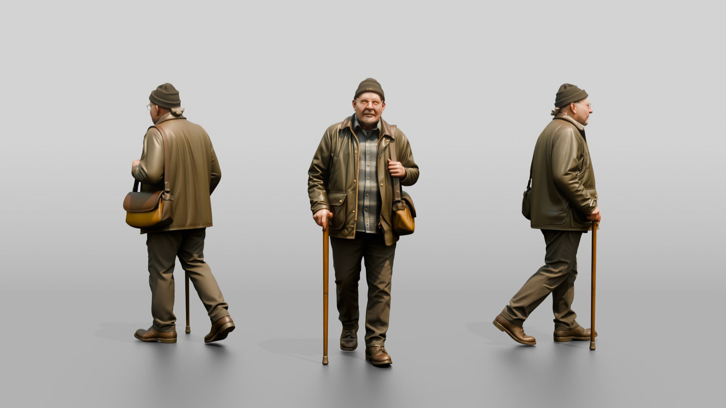 Elderly White Man in Waxed Jacket with Cane