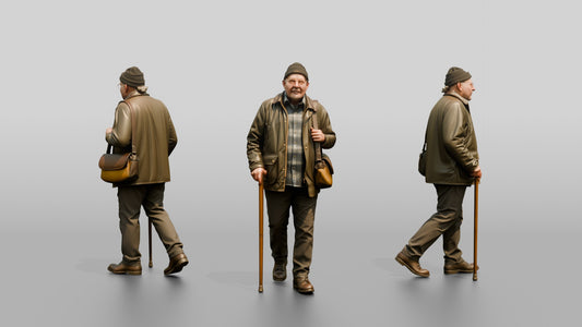 Elderly White Man in Waxed Jacket with Cane
