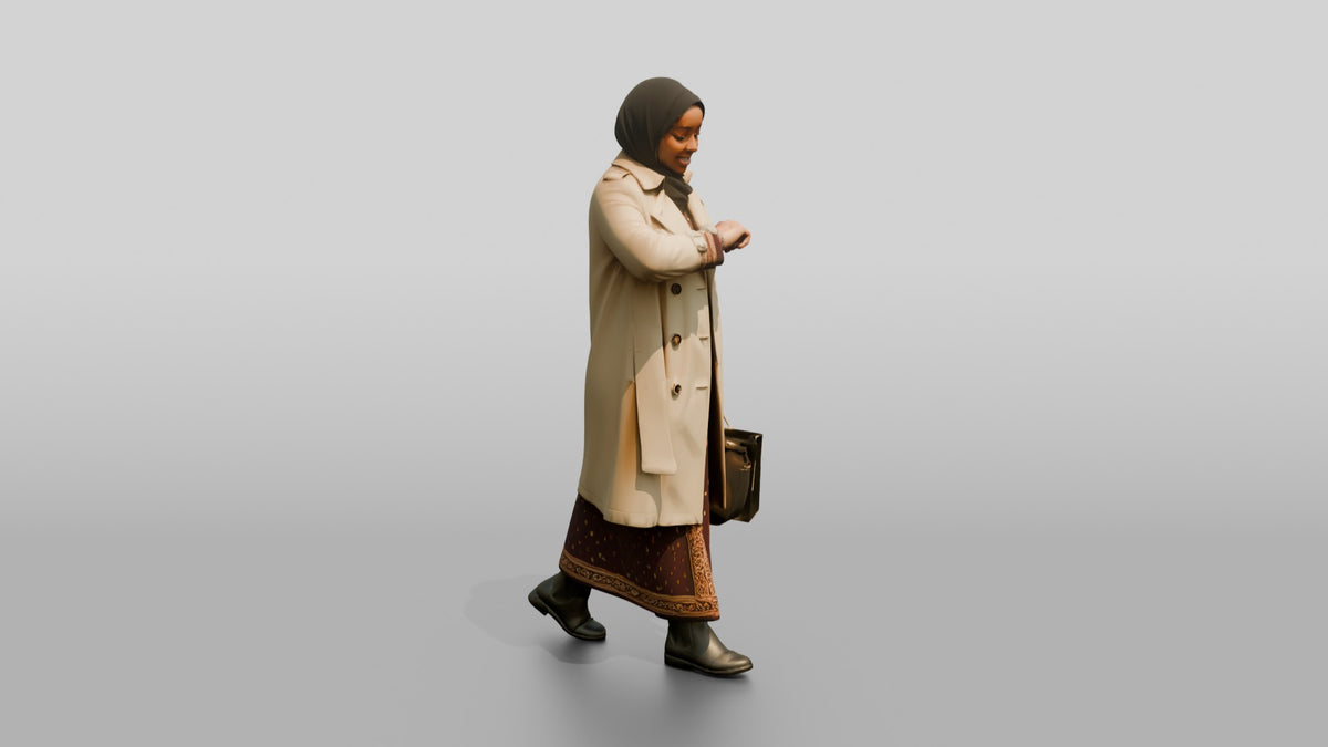 Woman in Hijab and Trench Coat Checking Her Watch - 3D character model, view 2