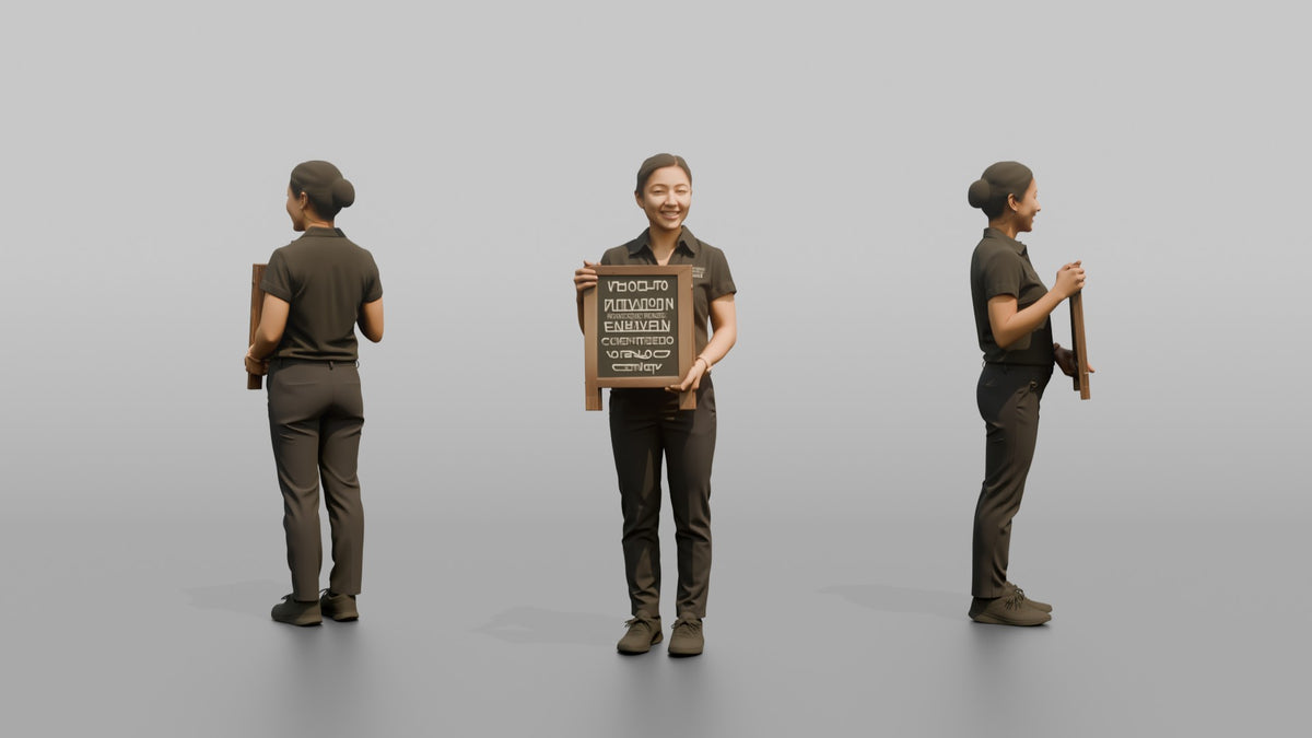 Host Woman Holding A Small Stand-up Chalkboard Menu - 3D character model, view 1