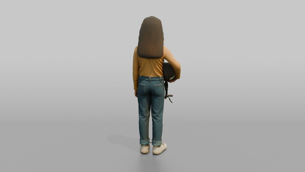 Daughter Carrying A Small Bicycle Helmet Under One Arm - 3D character model, view 3