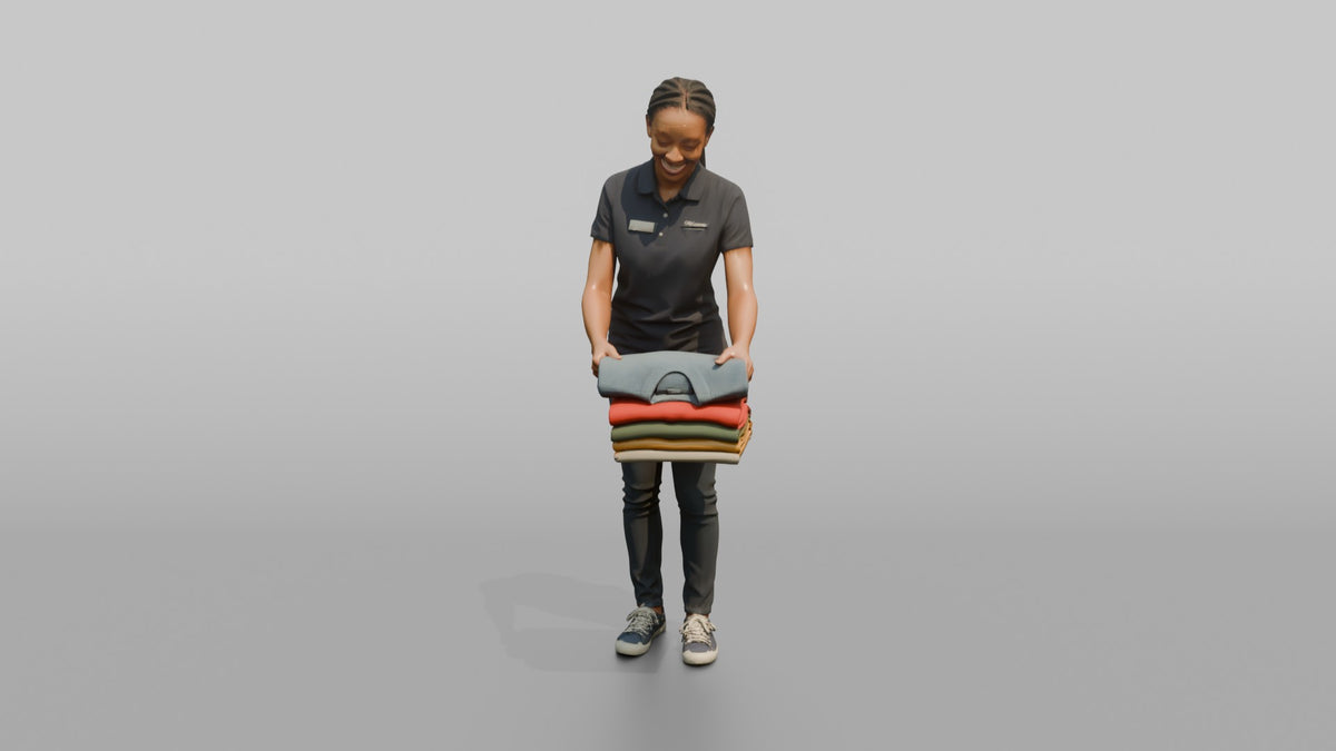 Woman Sales Associate Folding A Stack Of Sweaters - 3D character model, view 4