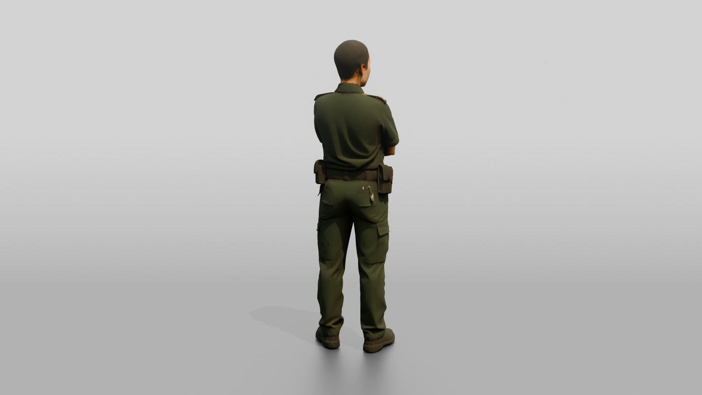 East Asian Female Guard in a Dark Green Guard Uniform
