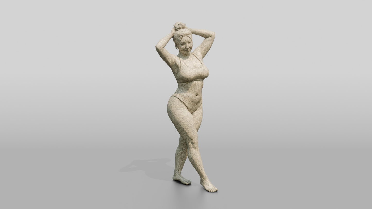 Curvy Woman in Olive Two-Piece Swimsuit Arms Raised