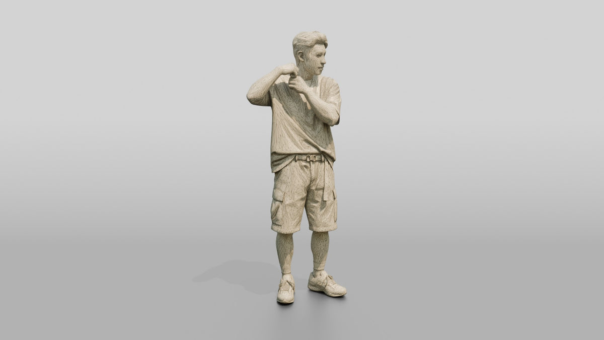 Man Adjusting Strap in Oversized Streetwear - wireframe topology preview