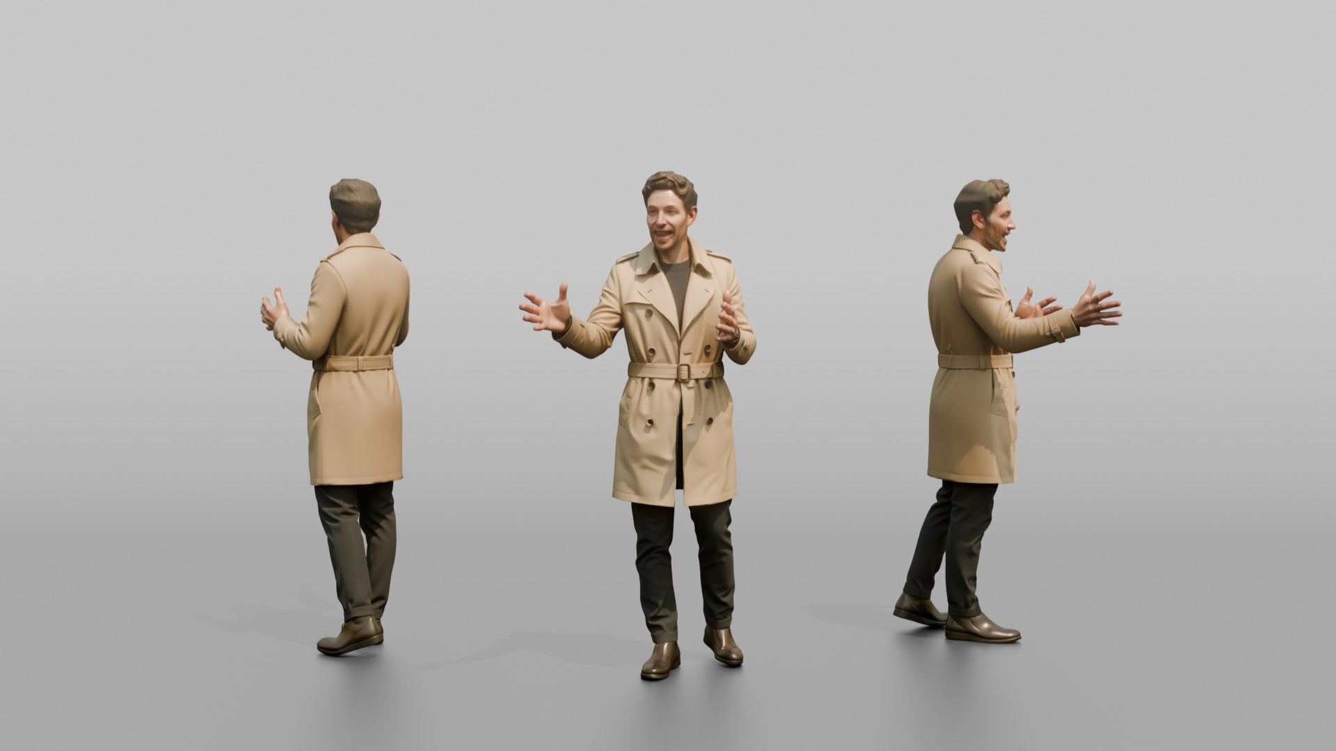 European Man in a Trench Coat, Gesturing Mid-Conversation