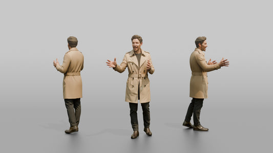 European Man in a Trench Coat, Gesturing Mid-Conversation