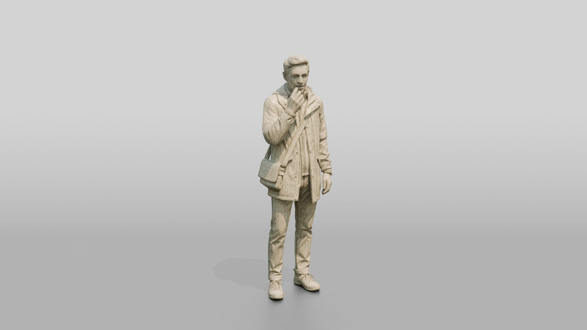 White Man in Dark Raincoat with Earbud - wireframe topology preview