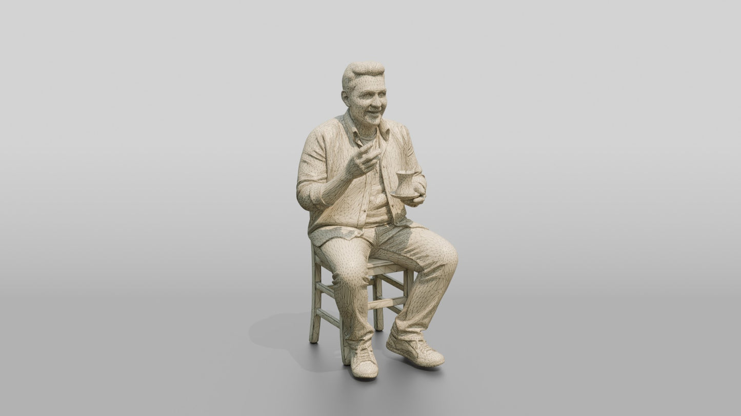 Man Gesturing with Tea and Earbuds