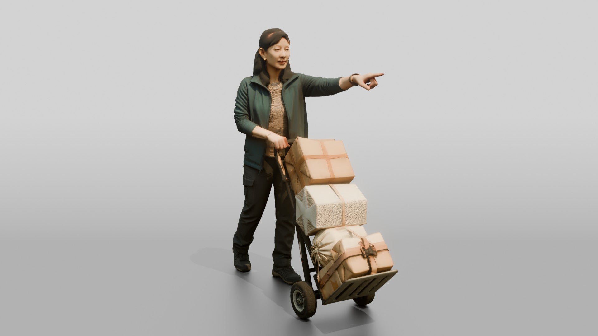 Woman Pushing Loaded Hand Truck