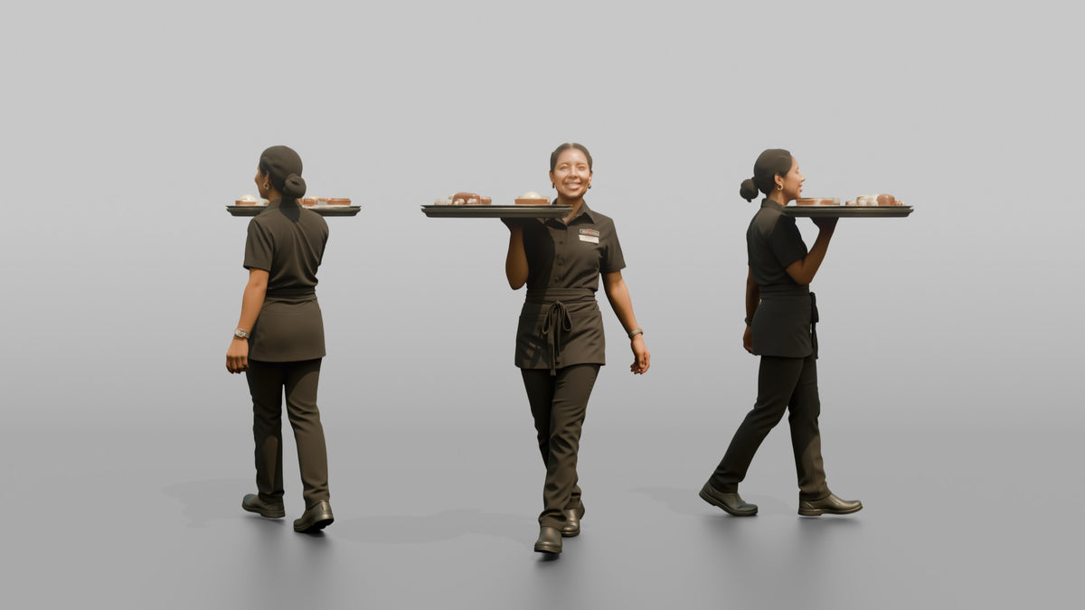Server Woman Balancing A Tray With Dessert Plates - 3D character model, view 1