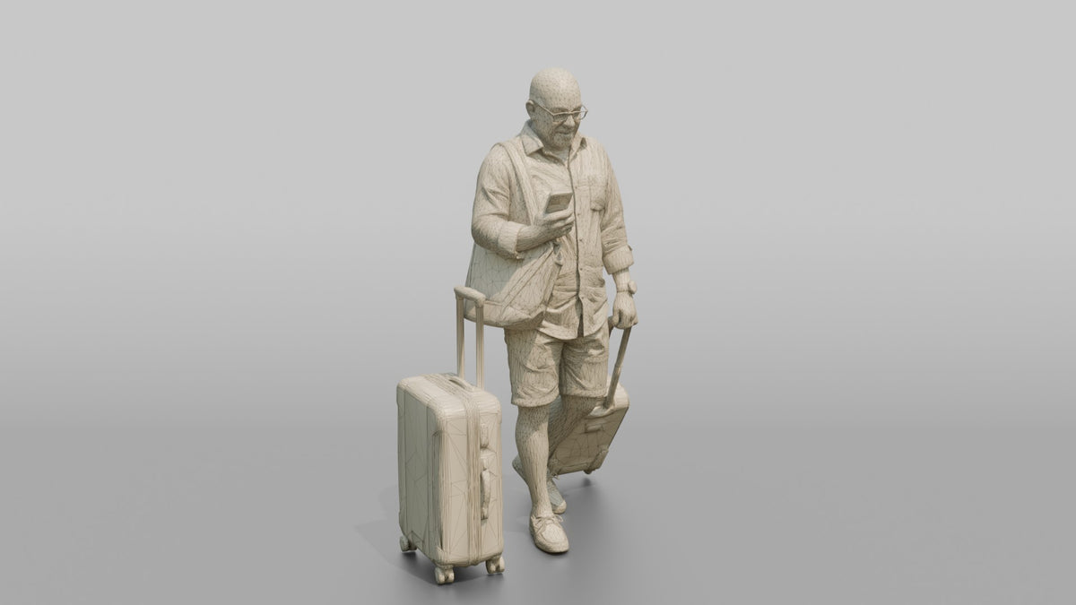 Traveler Wheeling A Suitcase And Texting - wireframe topology preview