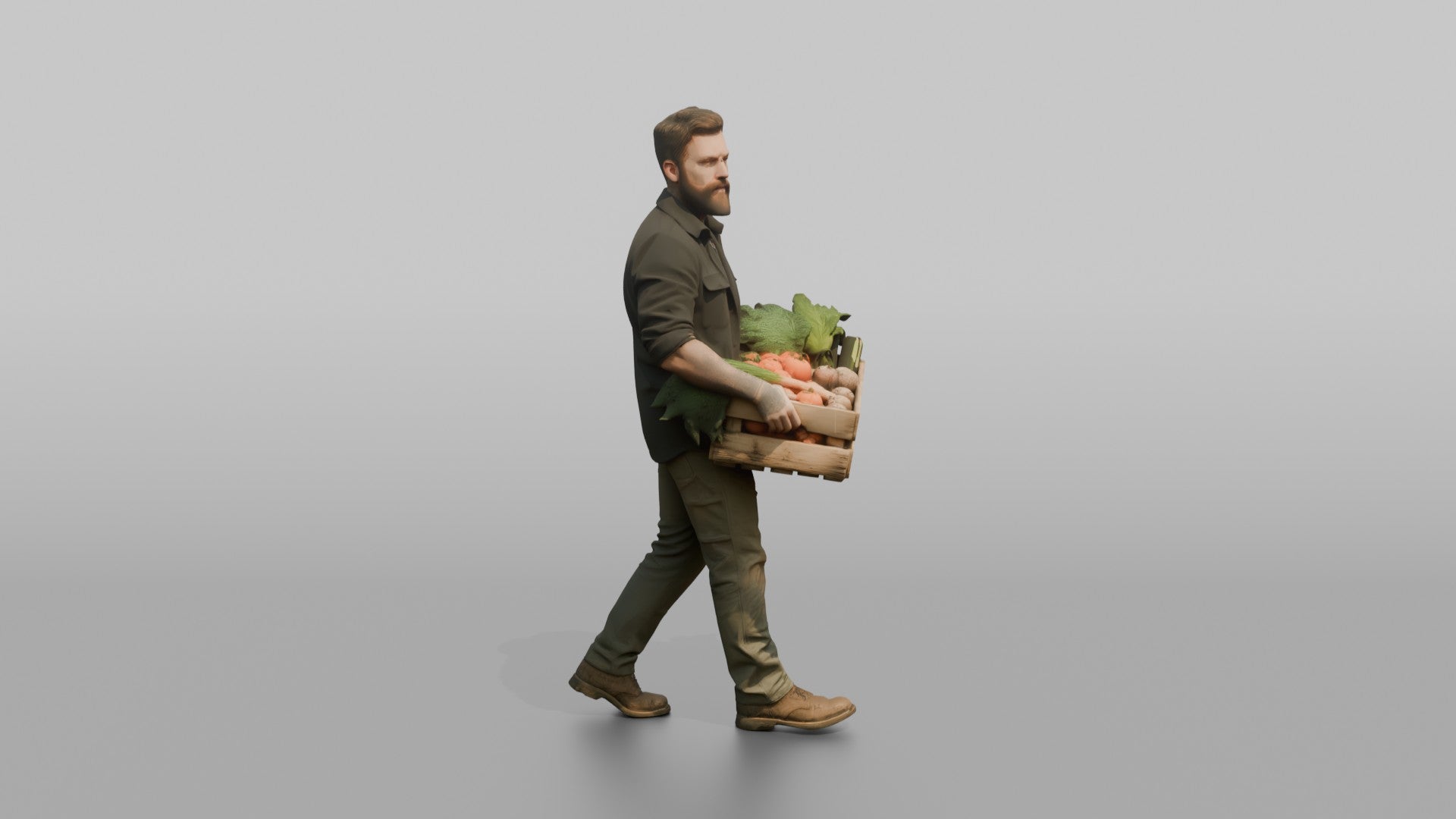 Farmer Carrying Wooden Crate Filled Harvested Organic