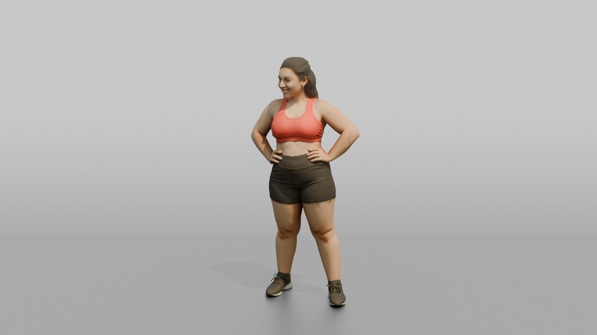 Physique Model Woman Leaning Back Slightly, Hands On Hips - 3D character model, view 4