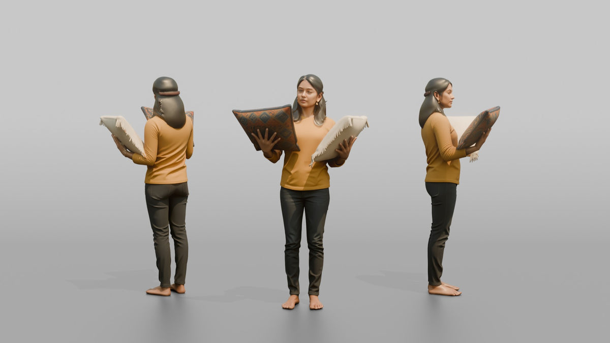 Woman Customer Comparing Two Throw Pillows Side By Side - 3D character model, view 1