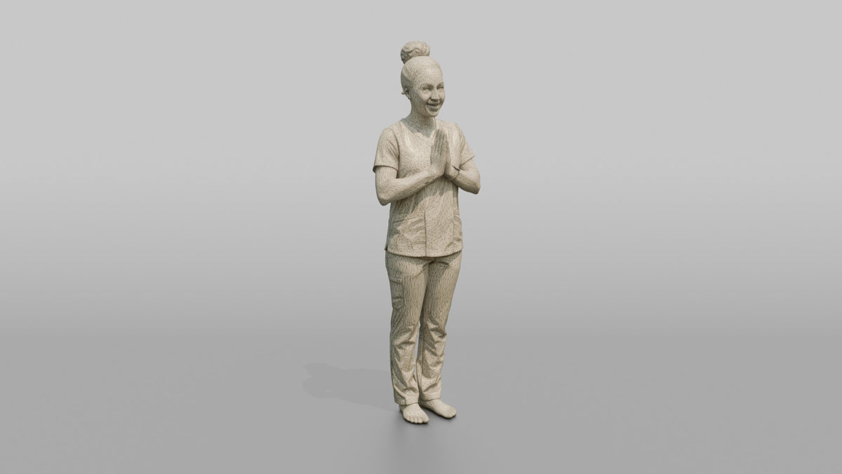 Massage Therapist Man Pressing Palms Together In A Welcoming Gesture - wireframe topology preview