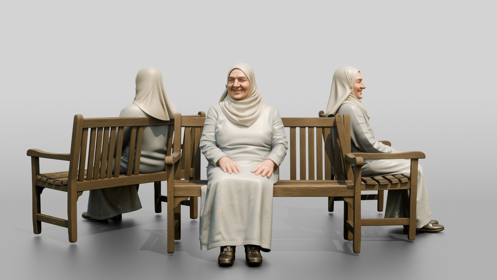 Elderly Iraqi Woman in Hijab Smiling on a Bench