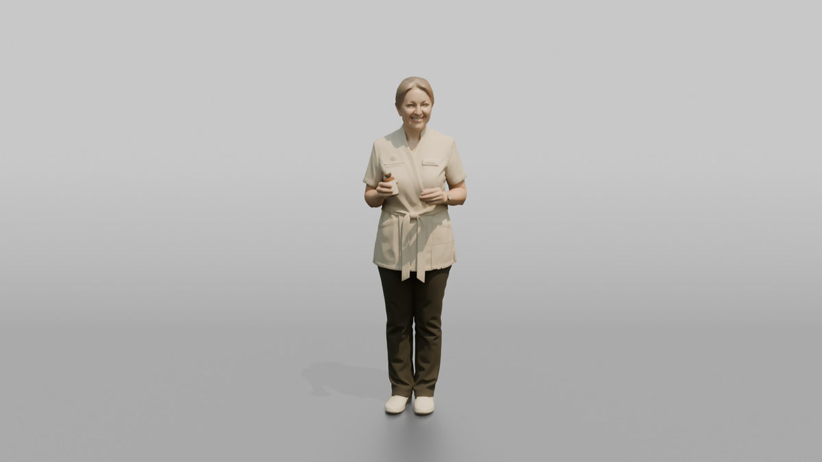 Esthetician Woman Holding A Cotton Pad And Small Bottle - 3D character model, view 5